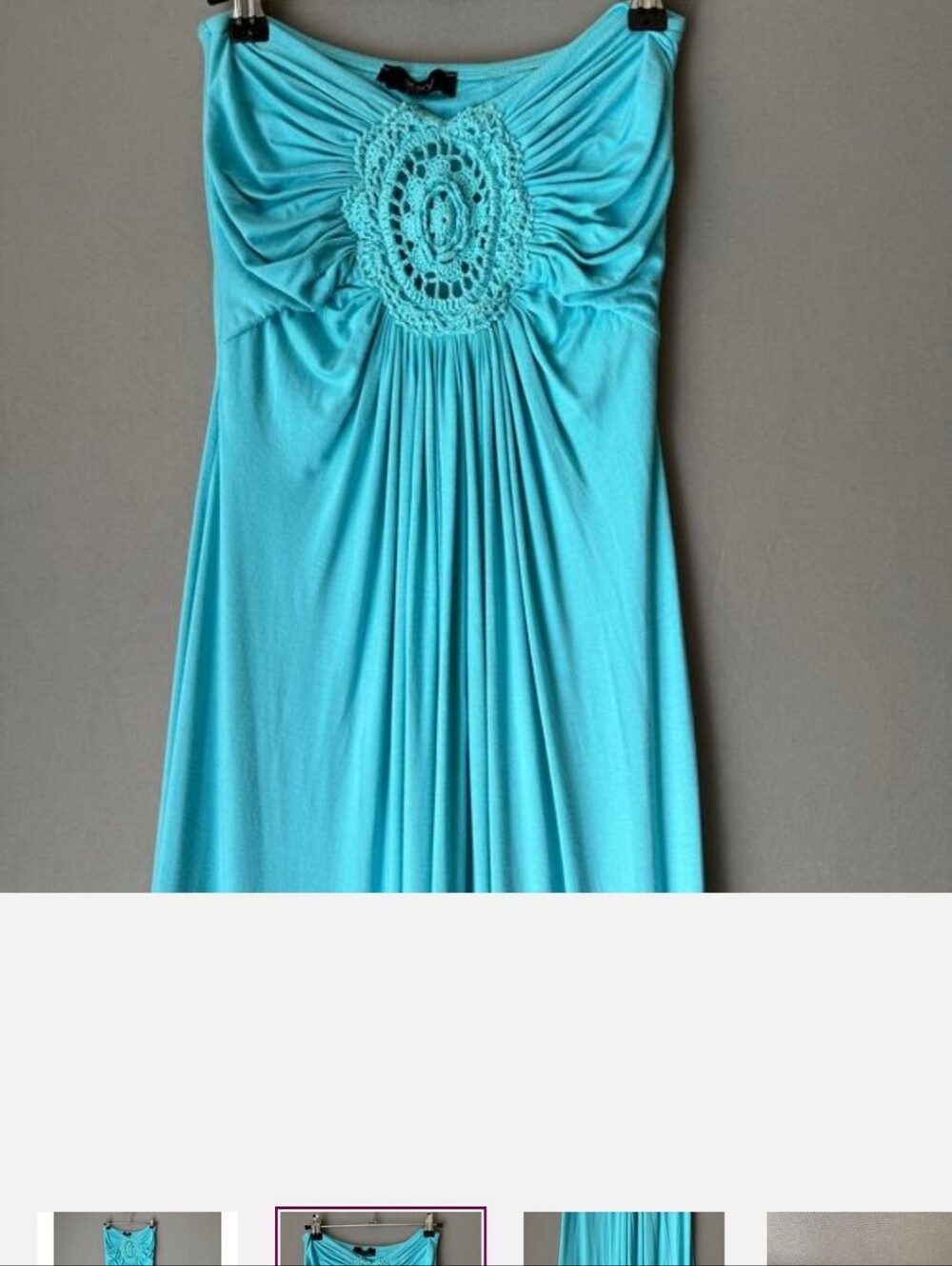 Turquoise Strapless Maxi Dress with Crochet Accents - Picture 2 of 6